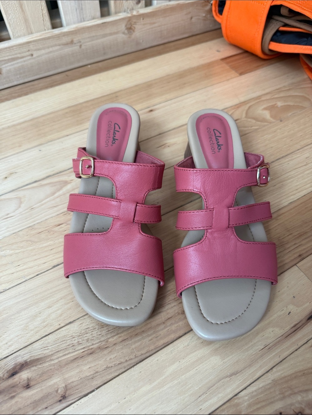 Clarks Pink Leather Slide Sandals with Buckle